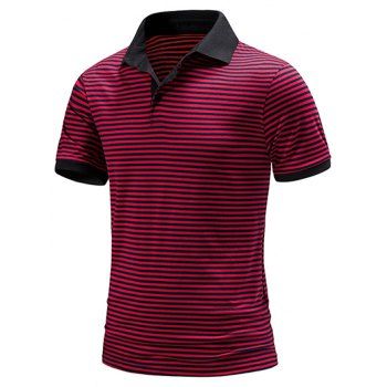 

Casual T Shirt Striped Print Half Button Short Sleeve Turn Down Collar Trendy Summer Tee, Red