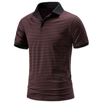 

Casual T Shirt Striped Print Half Button Short Sleeve Turn Down Collar Trendy Summer Tee, Coffee