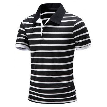 

Summer T Shirt Striped Print Half Button Short Sleeve Turn Down Collar Casual Tee, Black