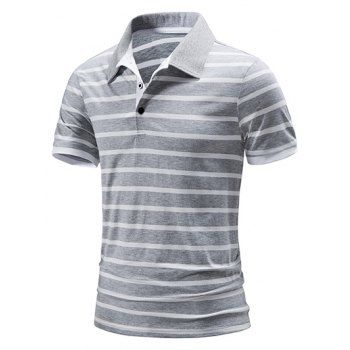 

Summer T Shirt Striped Print Half Button Short Sleeve Turn Down Collar Casual Tee, Light gray