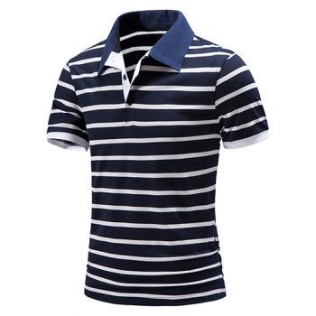 

Summer T Shirt Striped Print Half Button Short Sleeve Turn Down Collar Casual Tee, Cadetblue