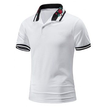 

Casual T Shirt Striped Embroidery Leaf Rose Pattern Turn Down Collar Short Sleeve Summer Tee, White