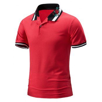 

Casual T Shirt Striped Embroidery Leaf Rose Pattern Turn Down Collar Short Sleeve Summer Tee, Red
