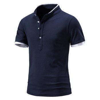 

Casual T Shirt Colorblock Half Button Stand Collar Short Sleeve Summer Tee, Cadetblue