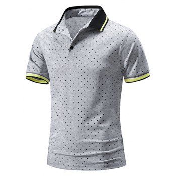 

Summer T Shirt Polka Dot Print Colorblock Half Button Short Sleeve Turn Down Collar Casual Tee, Light gray