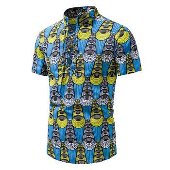 

Casual Shirt Printed Geometric Leaf Floral Print Lace Up Stand Collar Short Sleeve Summer Shirt, Blue