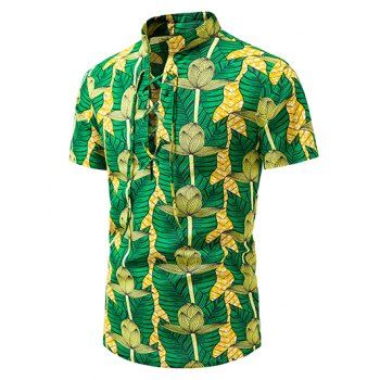 

Casual Shirt Printed Geometric Leaf Floral Print Lace Up Stand Collar Short Sleeve Summer Shirt, Green