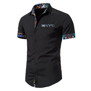 

Summer Shirt Geometric Print Insert Short Sleeve Turn Down Collar Bohemian Casual Button-up Shirt, Black