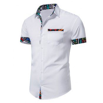 

Summer Shirt Geometric Print Insert Short Sleeve Turn Down Collar Bohemian Casual Button-up Shirt, White