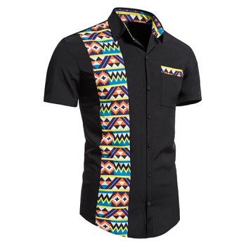 

Casual Shirt Geometric Print Insert Front Pocket Turn Down Collar Short Sleeve Summer Shirt, Black