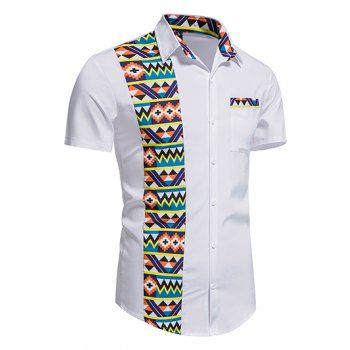 

Casual Shirt Geometric Print Insert Front Pocket Turn Down Collar Short Sleeve Summer Shirt, White