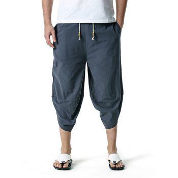 

Harem Pants Solid Color Beaded Drawstring Loose Linen Cropped Pants, Dark gray