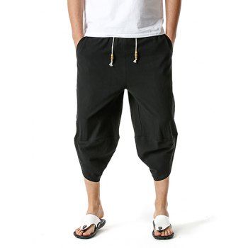 

Harem Pants Solid Color Beaded Drawstring Loose Linen Cropped Pants, Black