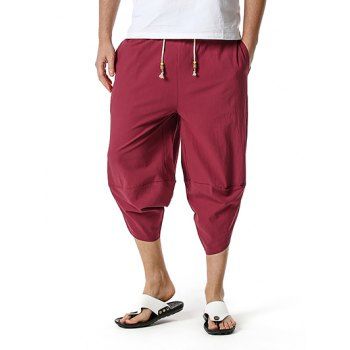 

Harem Pants Solid Color Beaded Drawstring Loose Linen Cropped Pants, Red wine