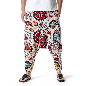 

Bohemian Harem Pants Allover Print Drawstring Baggy Drop Crotch Cotton Loose Pants, Light khaki