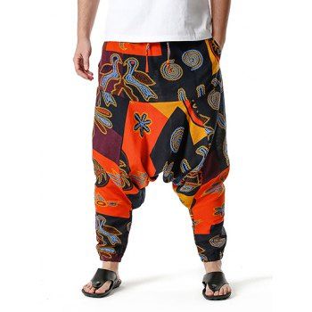 

Bohemian Harem Pants Allover Print Drawstring Baggy Drop Crotch Cotton Loose Pants, Orange