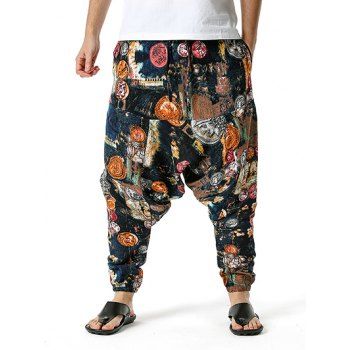 

Bohemian Harem Pants Allover Print Drawstring Baggy Drop Crotch Cotton Loose Pants, Cadetblue