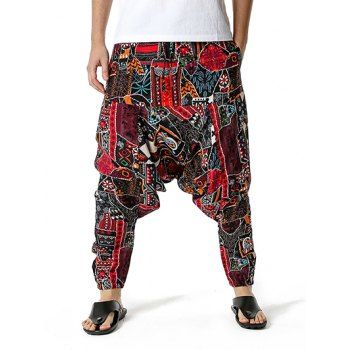 

Bohemian Harem Pants Allover Print Drawstring Baggy Drop Crotch Cotton Loose Pants, Red