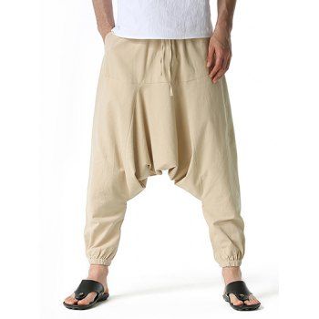 

Hip Hop Harem Pants Solid Color Drawstring Baggy Drop Crotch Loose Casual Beam Feet Pants, Light khaki