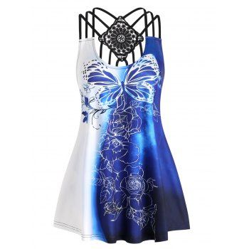 

Plus Size Tank Top Rose Butterfly Print Flower Lace Strappy Tank Top, Blue