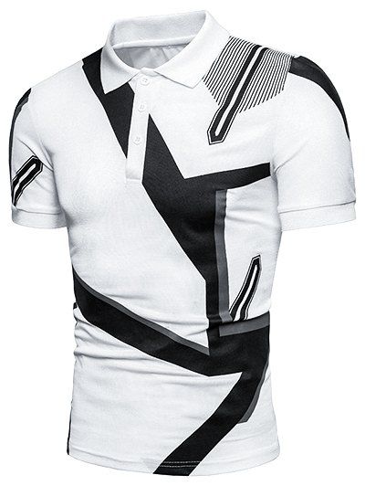 T-shirt D'Eté Décontracté Géométrique Imprimé Manches Courtes à Col Relevé avec Demi-Bouton - Blanc XXL