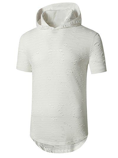 T-shirt à Capuche D'Eté Décontracté en Maille Transparente Insérée à Manches Courtes - Blanc XXL