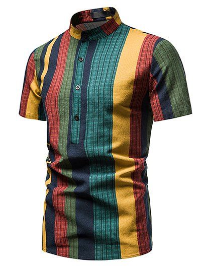 Chemise D'Eté Décontractée Rayée Géométrique à Imprimé Feuille à Manches Courtes à Col Debout - Vert XXL