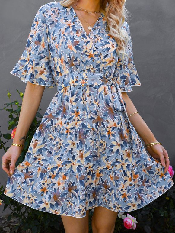 Vacation Dress Allover Flower Print Belted Surplice High Waist Flare Sleeve A Line Mini Summer Dress - LIGHT BLUE L