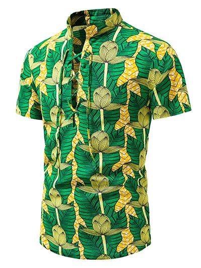 Chemise D'Eté Décontractée Géométrique à Imprimé Feuille Manches Courtes à Col Debout - Vert L