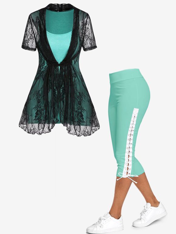 30% OFF] 2024 Floral Lace Overlay Asymmetrical Slit Tie Up Faux Twinset Tee  And Lace Up Skinny Crop Leggings Summer Outfit In Multicolor
