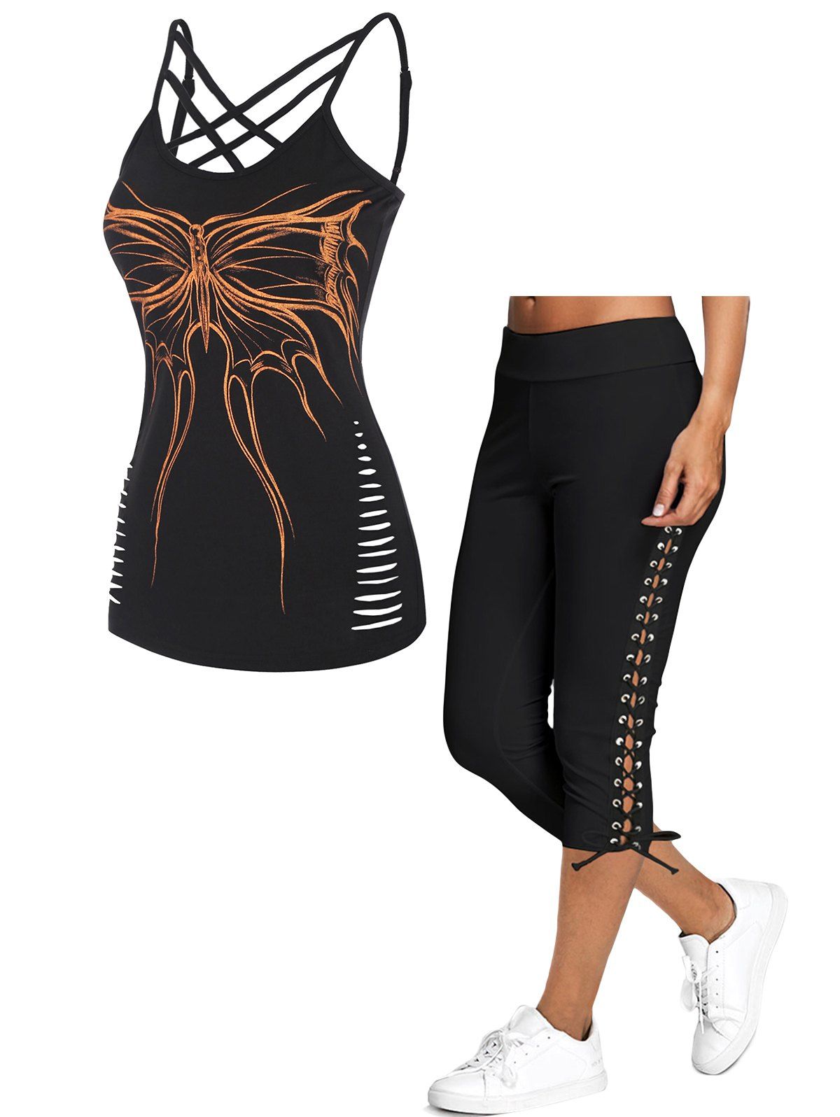 Contrast Butterfly Print Ripped Crisscross Lattice Strappy Tank Top And Lace Up Skinny Crop Leggings Summer Outfit - multicolor S