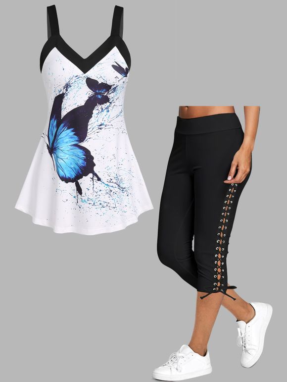 Ensemble d'été avec Débardeur Gothique à Imprimé Papillon à Bretelle Fine à Col V et de Legging Moulant à Lacets - multicolor S