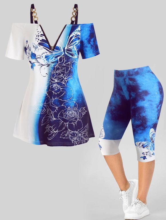 Galaxy Flower Butterfly T-shirt and Capri Leggings Plus Size Summer Outfit - BLUE L