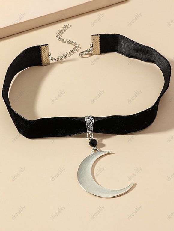 Collier Ras-de-Cou en Velours avec Pendentif Lune en Métal Style Gothique - Noir 