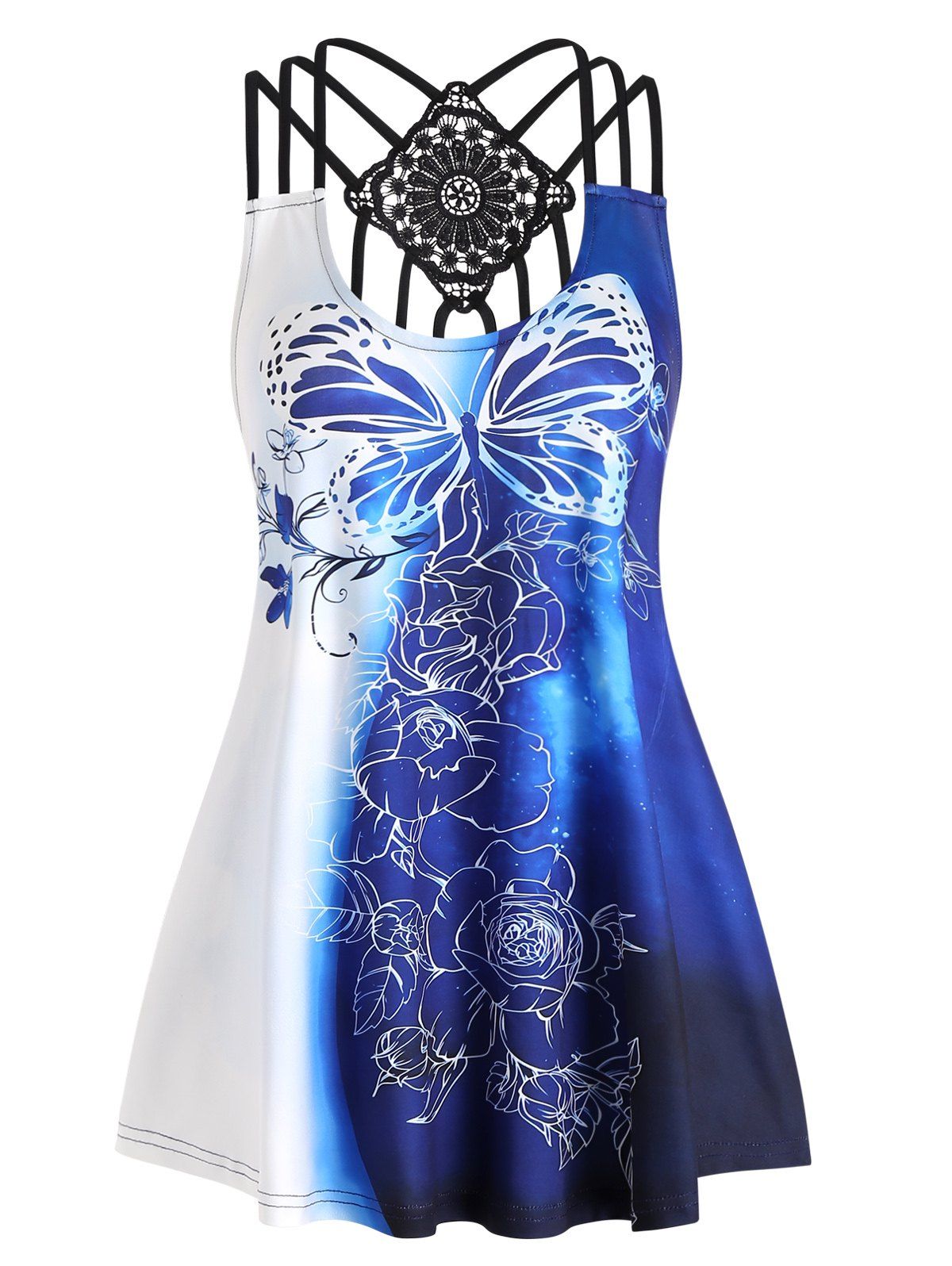 Plus Size Rose Butterfly Print Strappy Tank Top - BLUE 3X