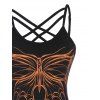 Contrast Butterfly Print Ripped Crisscross Lattice Strappy Tank Top And Lace Up Skinny Crop Leggings Summer Outfit - multicolor S