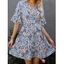 Vacation Dress Allover Flower Print Belted Surplice High Waist Flare Sleeve A Line Mini Summer Dress - LIGHT BLUE L