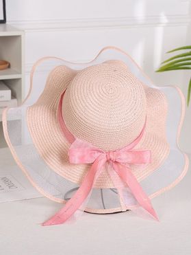 Summer Beach Outdoor Sun Hat Mesh Bowknot Wide Brim Floppy Straw Hat
