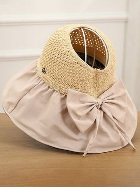 Summer Beach Outdoor Sun Hat Foldable Bowknot Wide Brim Hollow Out Knit Topless Visor Cap