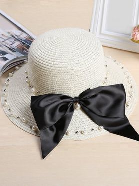 Summer Beach Outdoor Sun Hat Artificial Pearl Embellishment Bowknot Straw Hat