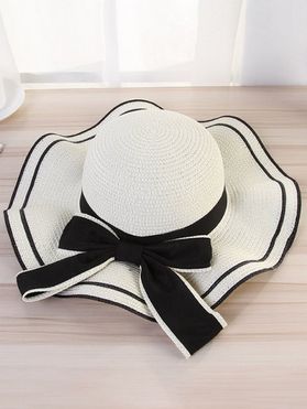 Summer Outdoor Beach Straw Hat Contrast Stripe Bowknot Embellishment Wide Brim Floppy Straw Hat