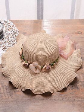 Summer Outdoor Beach Straw Hat Flower Embellishment Wide Brim Wave Floppy Straw Hat