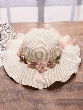 Summer Outdoor Beach Straw Hat Flower Embellishment Wide Brim Wave Floppy Straw Hat