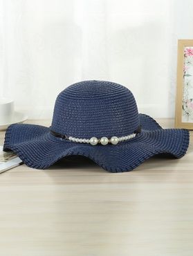 Summer Outdoor Beach Sun Hat Artificial Pearl Bowknot Sunproof Wide Brim Floppy Straw Hat