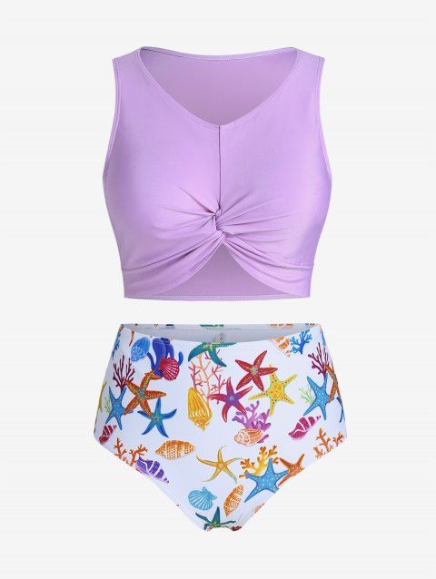 Plus Size Front Twist Starfish Conch Print Longline Bikini Swimsuit