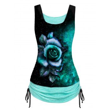 

Celestial Sun Moon Floral Print Cinched Ruched Contrast Colorblock Tank Top, Multicolor a