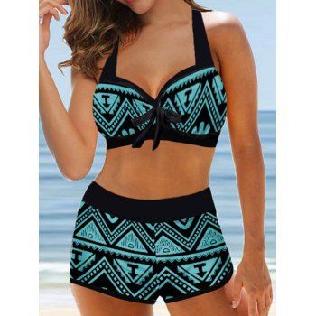 

Bohemian Bikini Swimsuit Geometric Print Bowknot Padded Boyshorts Halter Summer Beach Swimwear, Green