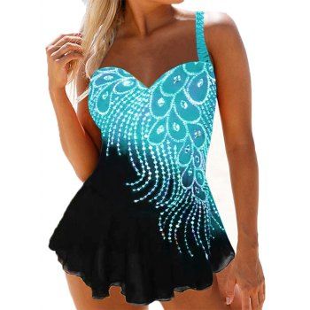 

Modest Tankini Swimsuit Fringed Rhinestone Droplet Print Padded Straps Summer Beach Swimwear, Green