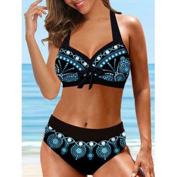 

Beach Bikini Swimsuit Geometric Print Swimwear Bowknot Padded Halter Summer Bathing Suit, Blue