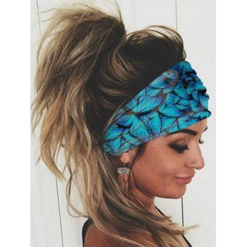 Fashion Women's Hair Accessories Bohemian Headband Butterfly Print Trendy Sporty Yoga Wide Headband Blue